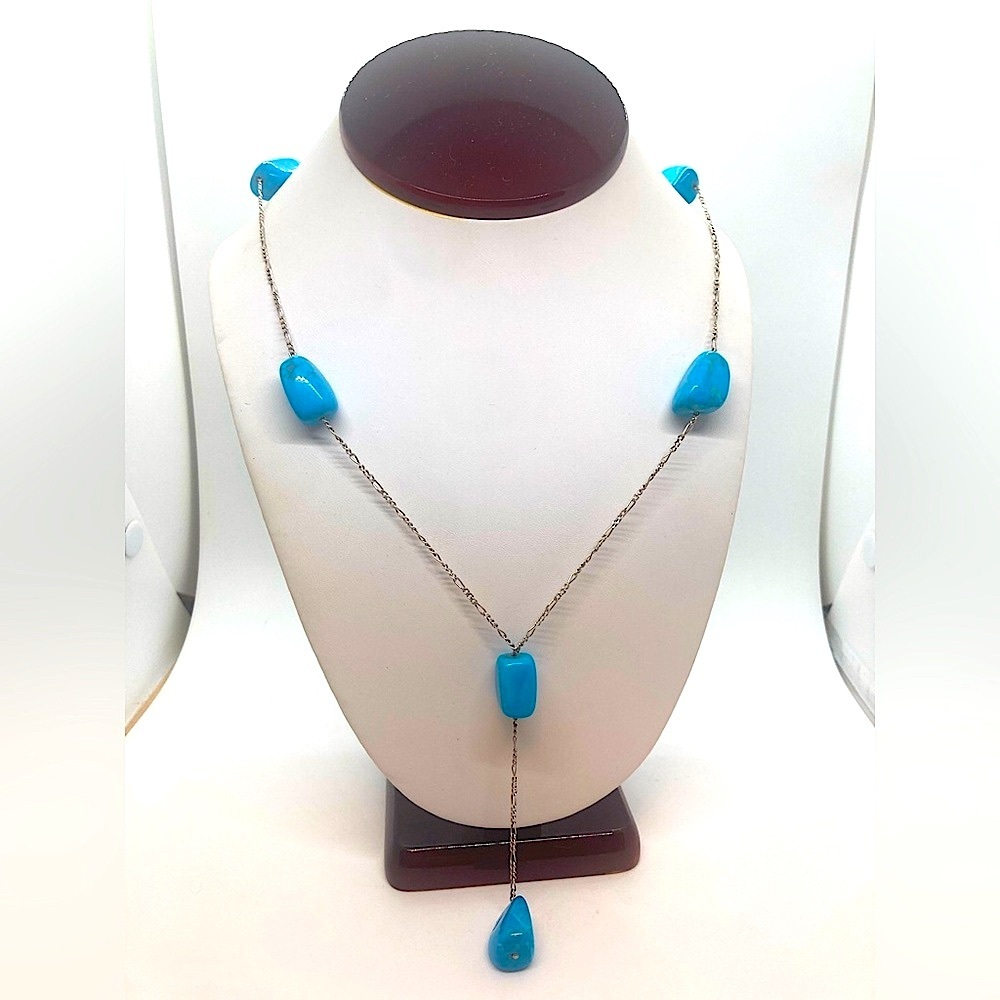 Vtg 925 Sterling Silver & Blue Turquoise Stone Station Necklace 22” + 3.5” Drop